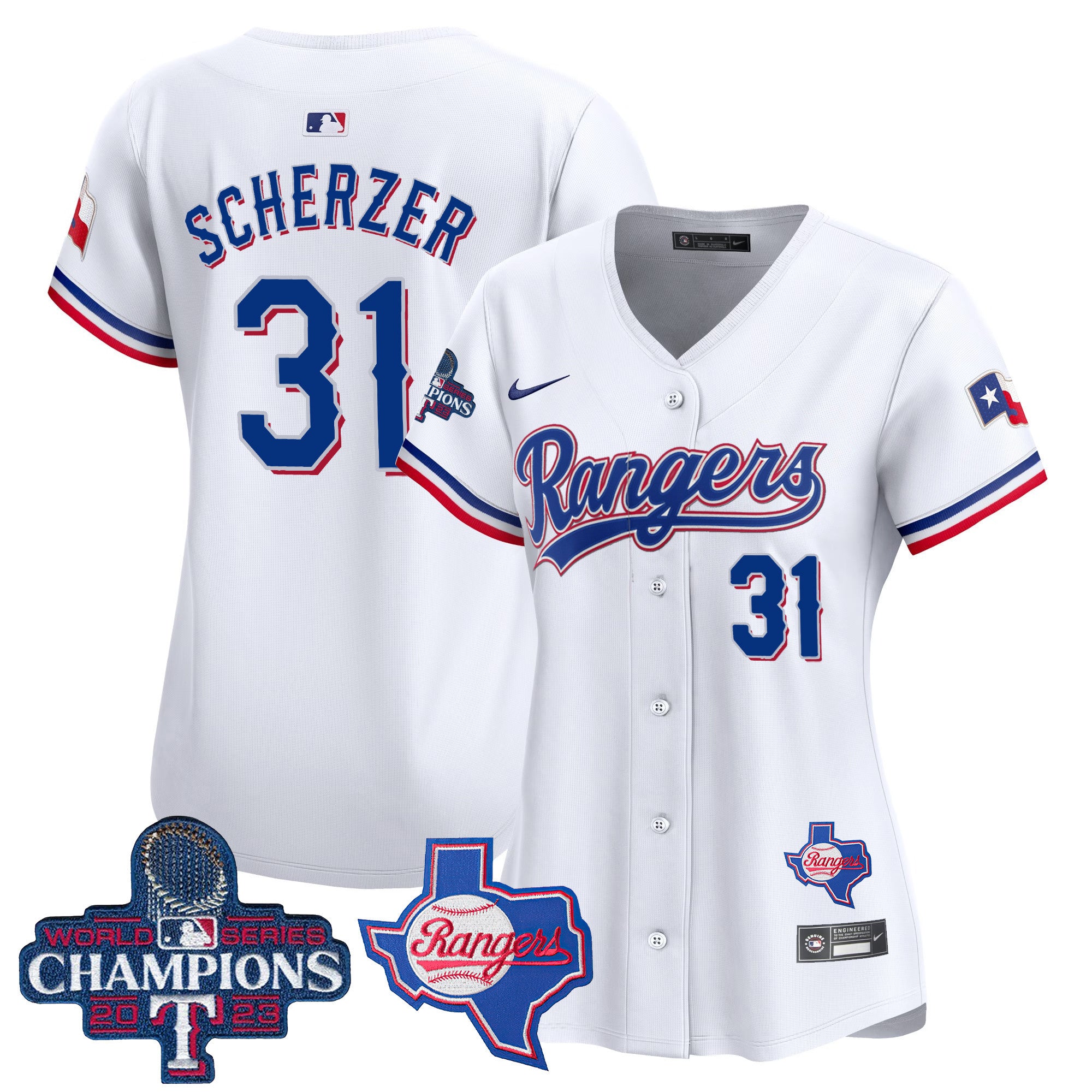 Women's Texas Rangers World Series Champions Vapor Premier Limited Jersey V2 - All Stitched - White, Max Scherzer