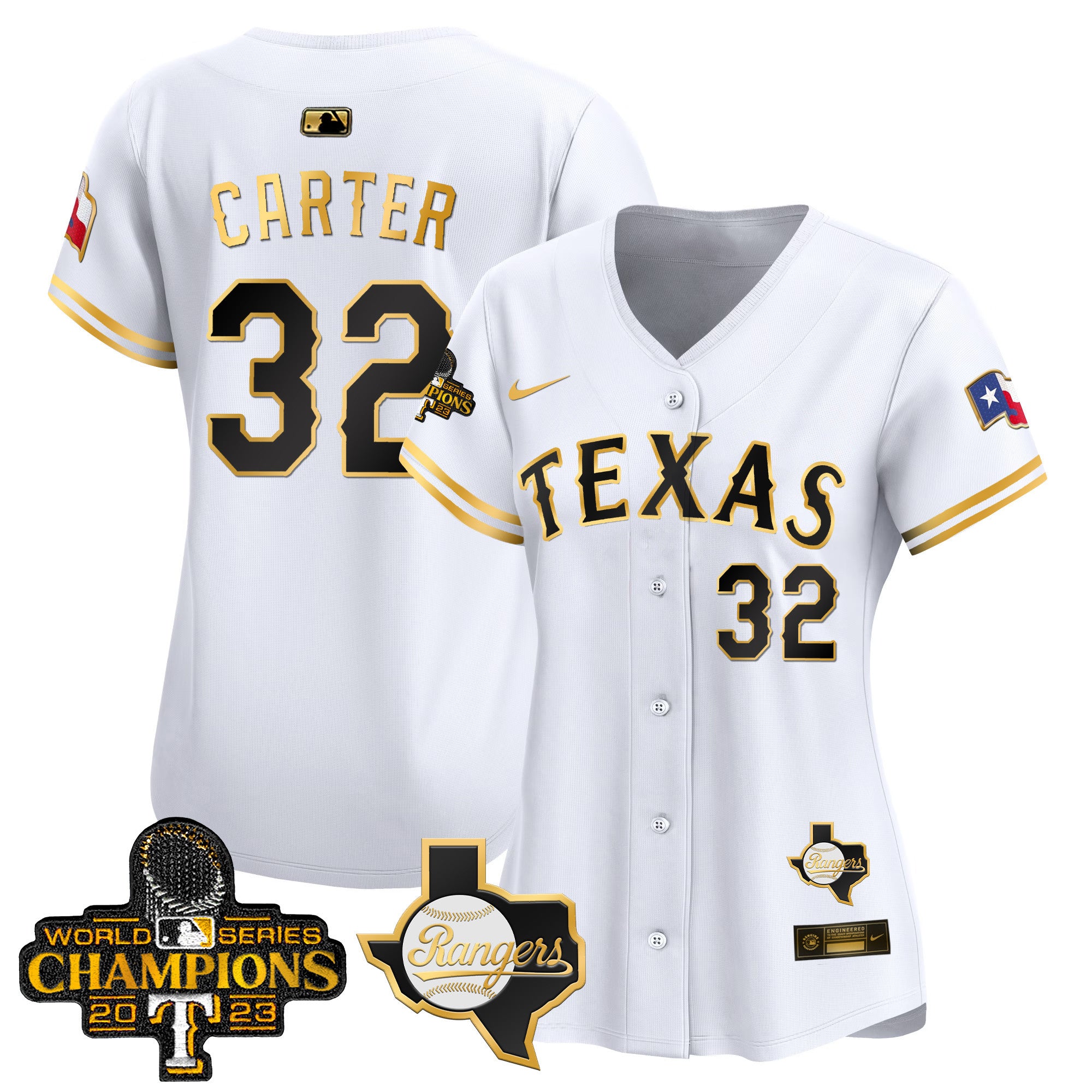 Women's Texas Rangers World Series Champions Vapor Premier Limited Jersey V2 - All Stitched - White Gold, Evan Carter