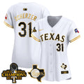 Women's Texas Rangers World Series Champions Vapor Premier Limited Jersey V2 - All Stitched - White Gold, Max Scherzer