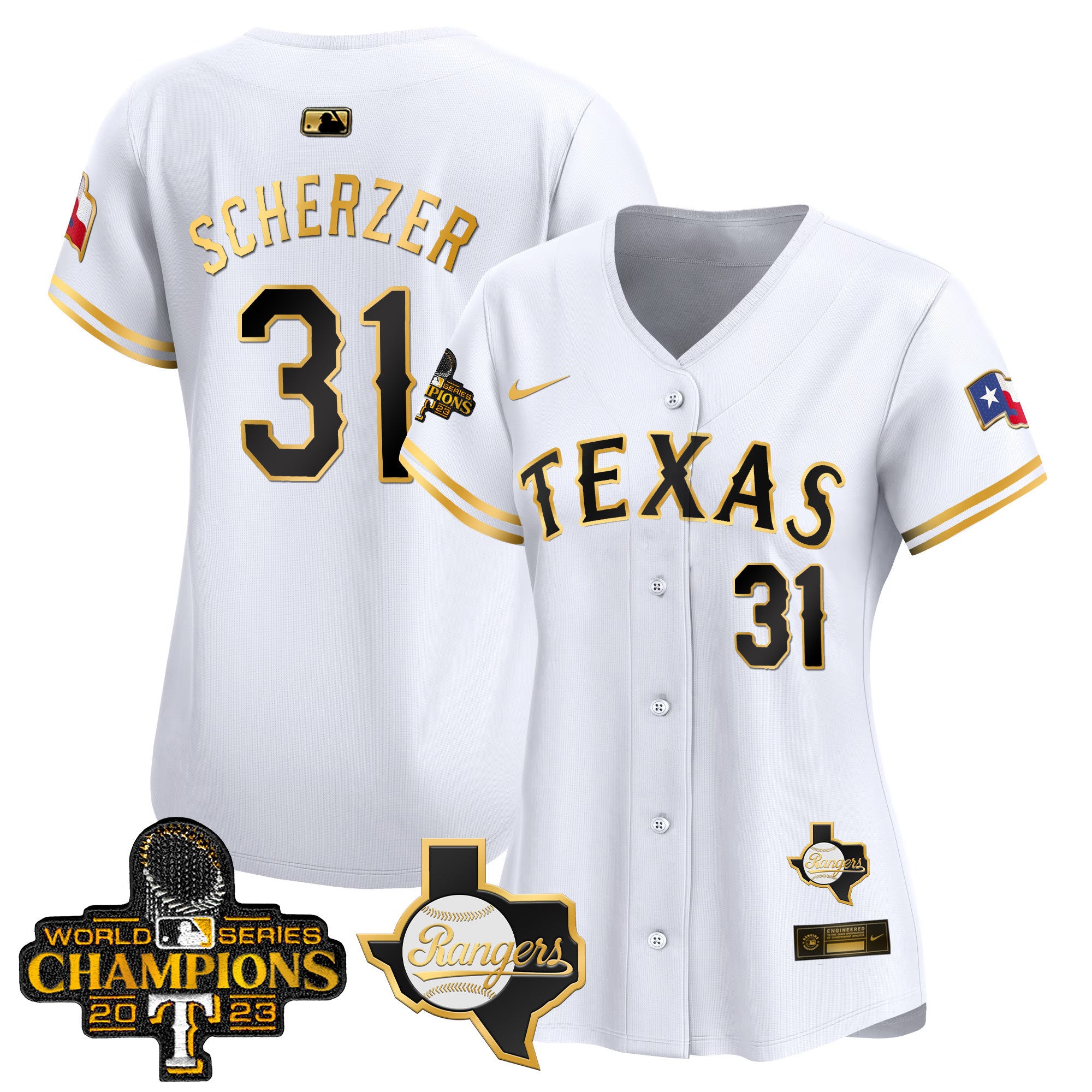 Women's Texas Rangers World Series Champions Vapor Premier Limited Jersey V2 - All Stitched - White Gold, Max Scherzer