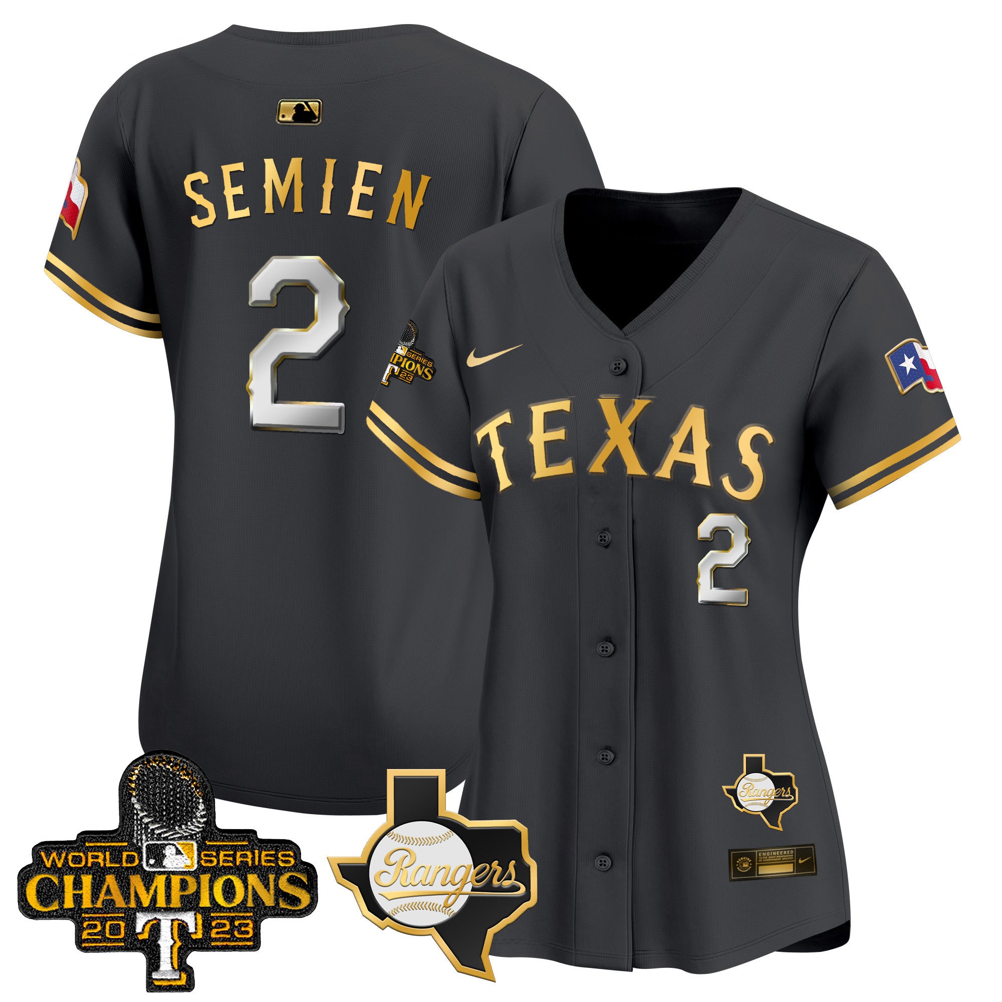 Women's Texas Rangers World Series Champions Vapor Premier Limited Jersey V2 - All Stitched - Black Gold, Marcus Semien