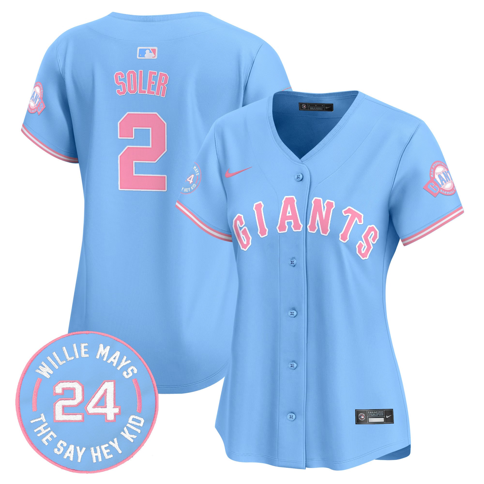 Women's Unisex San Francisco Giants Bubblegum Pink Vapor Premier Limited Jersey - All Stitched - Light Blue, Jorge Soler