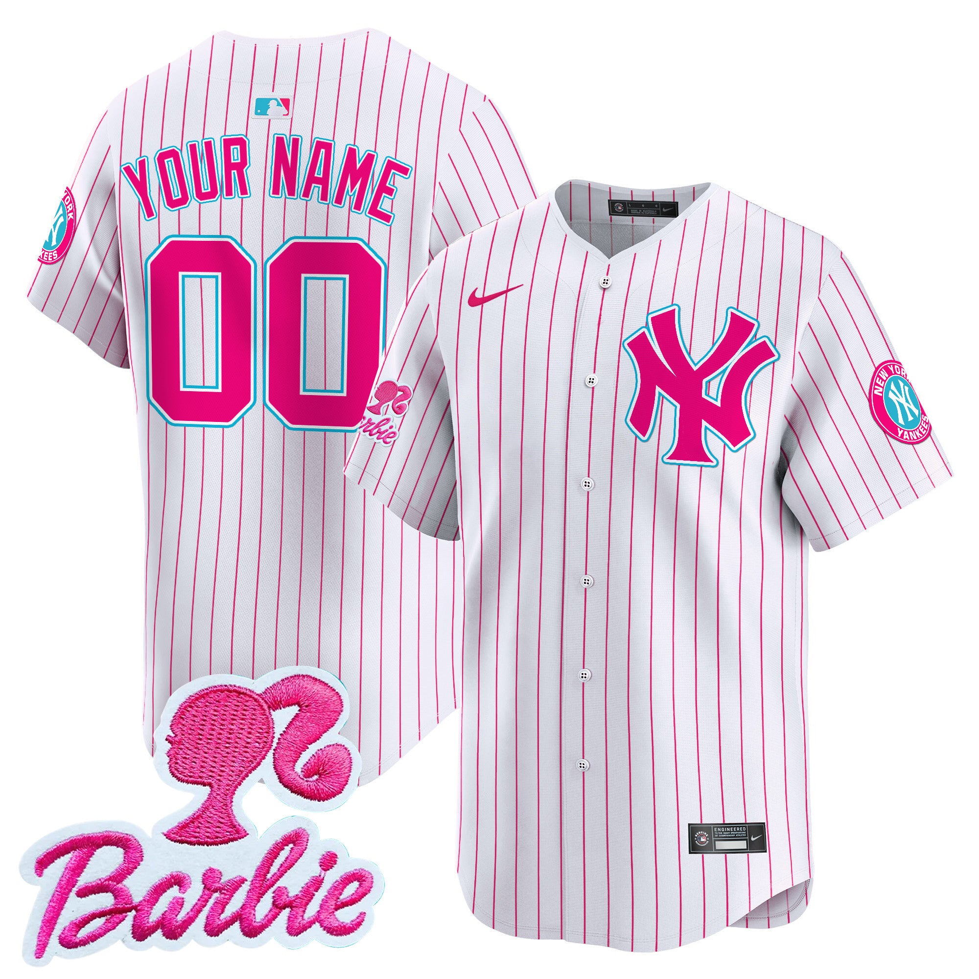 Yankees Barbie Patch Vapor Premier Limited Custom Jersey - All Stitched - Youth, Pink Stripe
