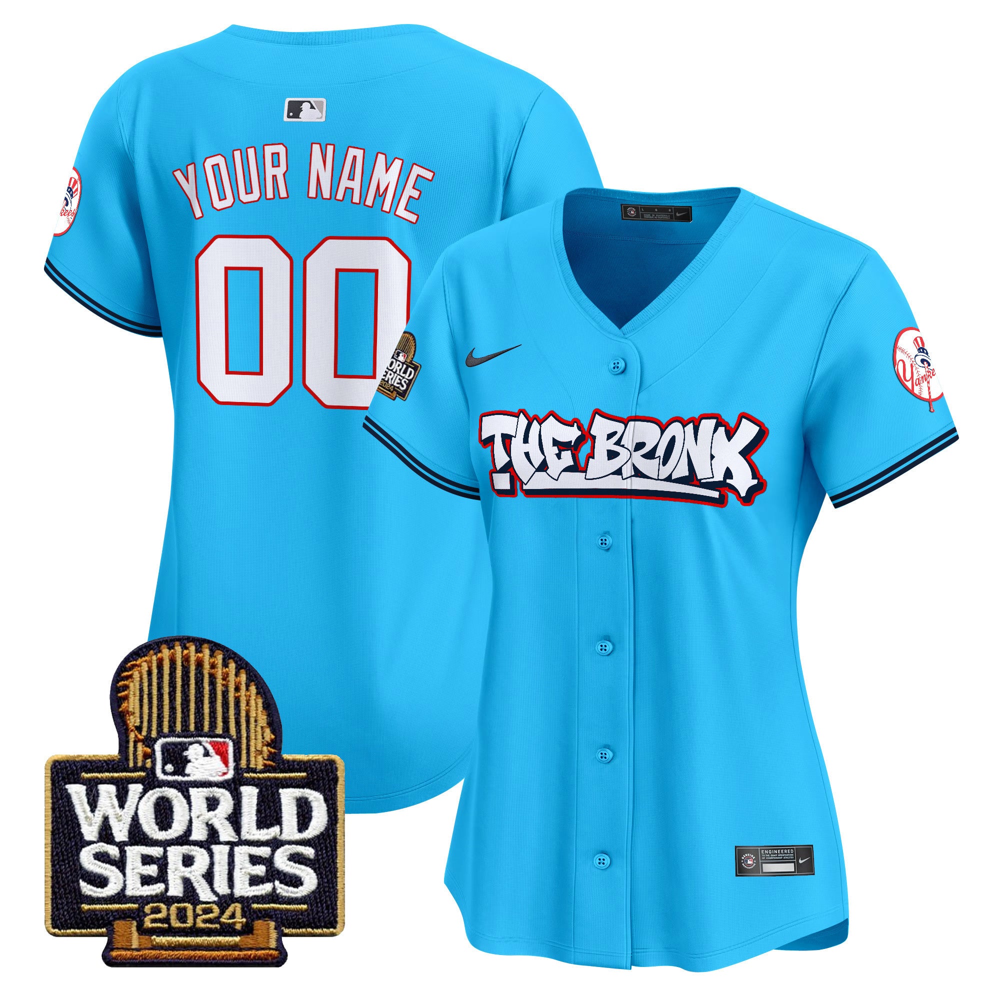 Yankees The Bronx 2024 World Series Vapor Premier Limited Custom Jersey - All Stitched - Women, Light Blue
