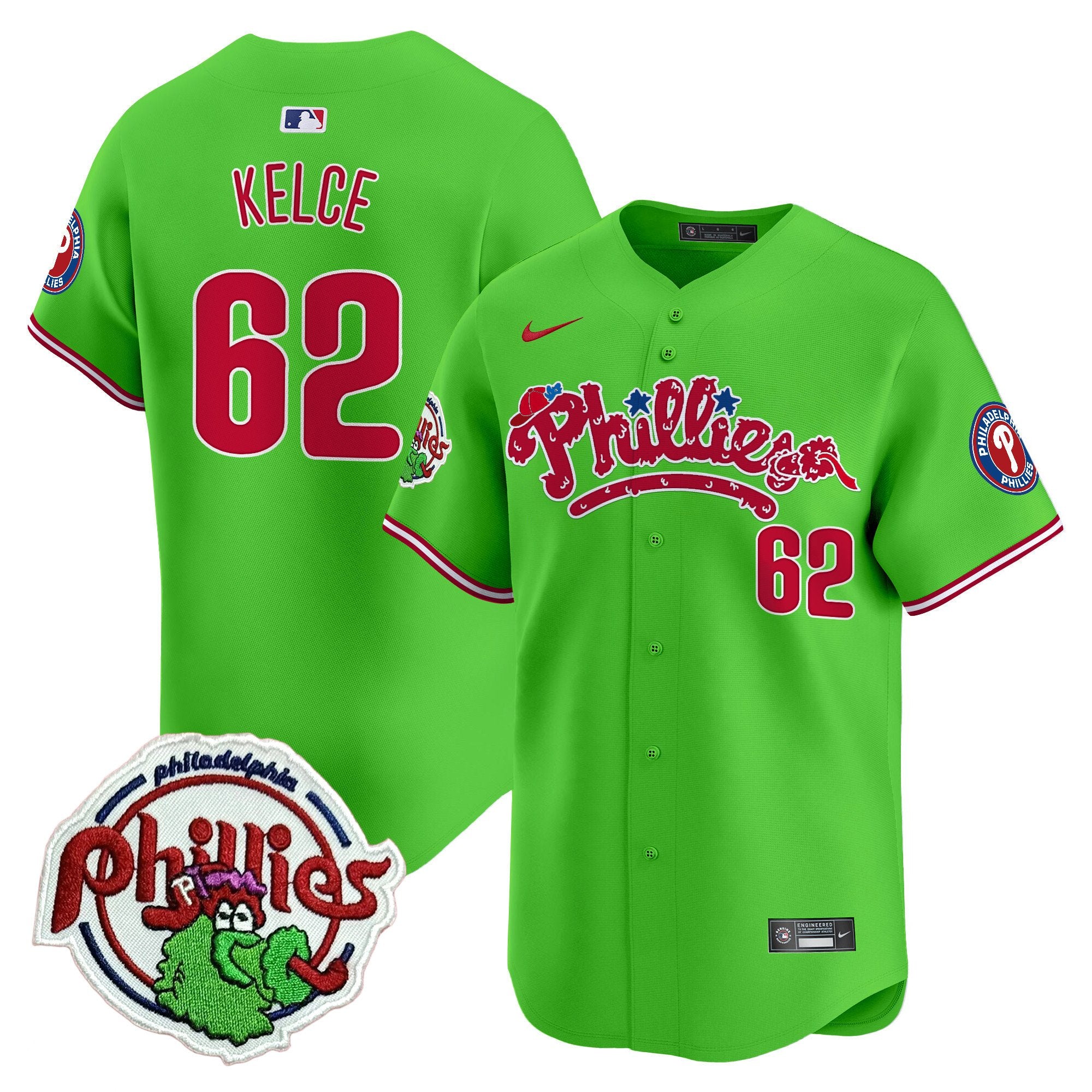 Youth's Phillies Phanatic Patch Vapor Premier Limited Jersey V2 - All Stitched - Green, Jason Kelce
