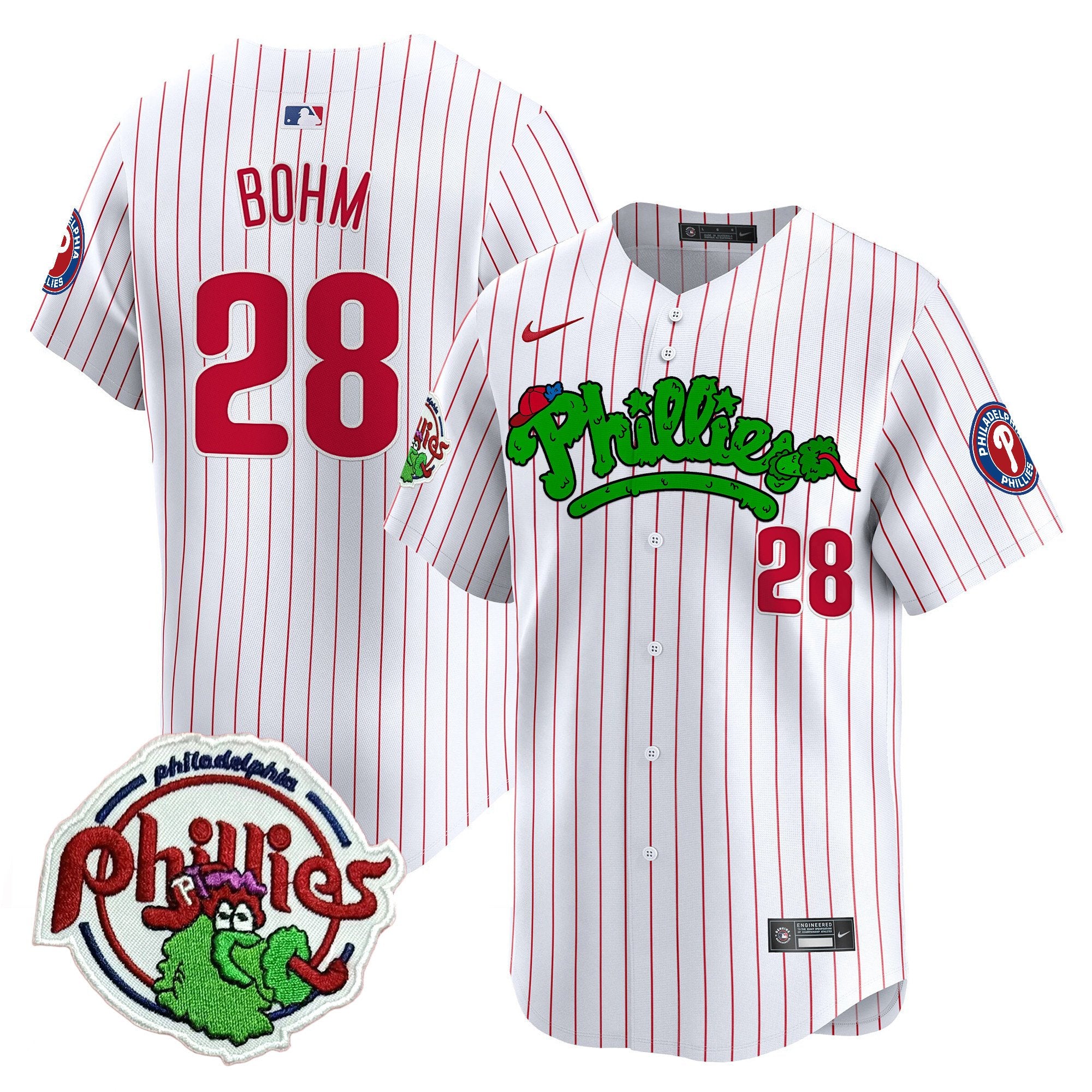 Youth's Phillies Phanatic Patch Vapor Premier Limited Jersey V2 - All Stitched - White Pinstripe, Alec Bohm