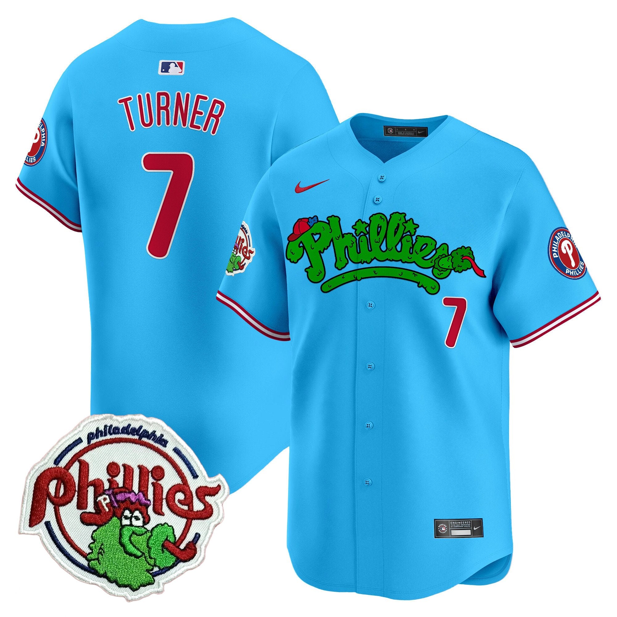Youth's Phillies Phanatic Patch Vapor Premier Limited Jersey V2 - All Stitched - Light Blue, Trea Turner