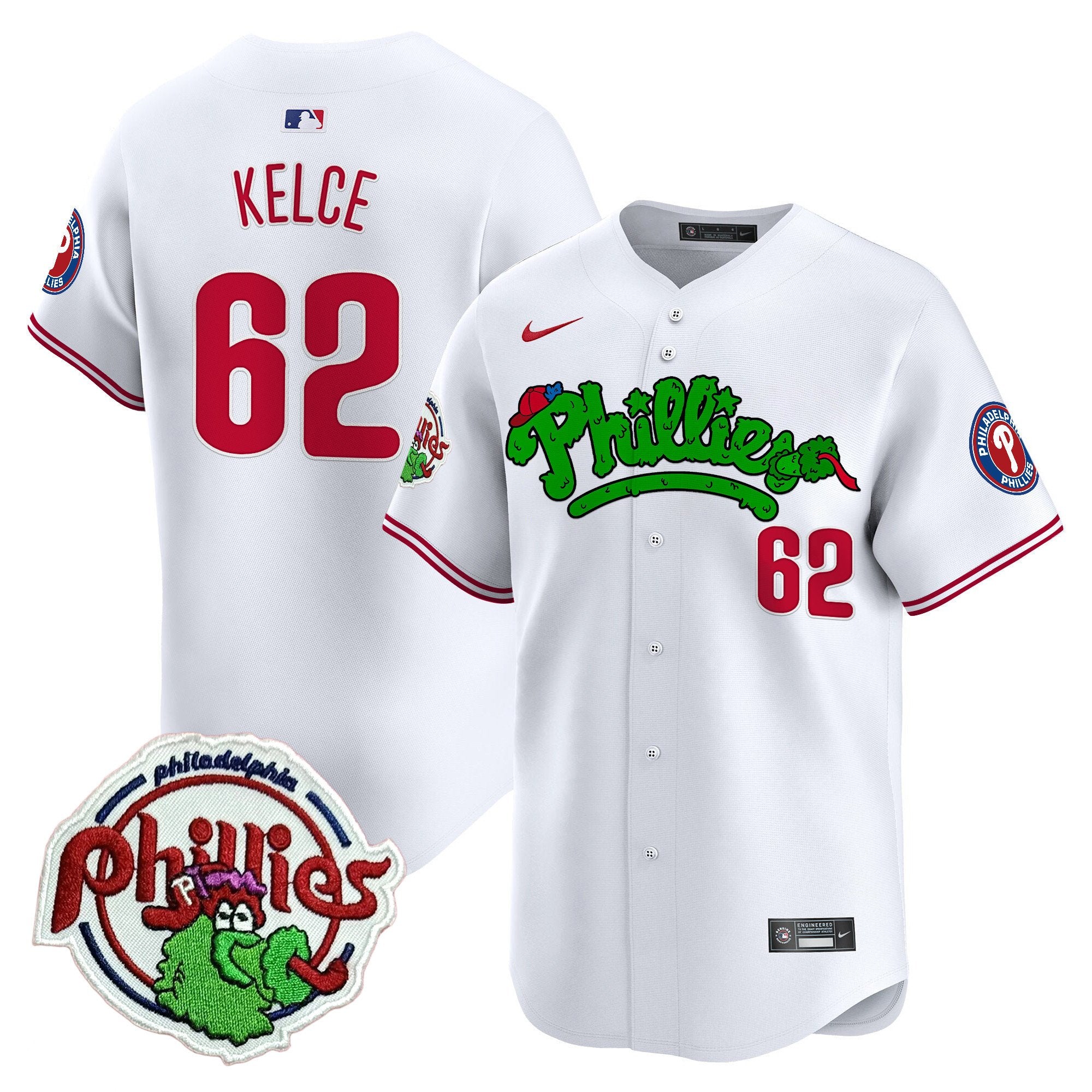 Youth's Phillies Phanatic Patch Vapor Premier Limited Jersey V2 - All Stitched - White, Jason Kelce