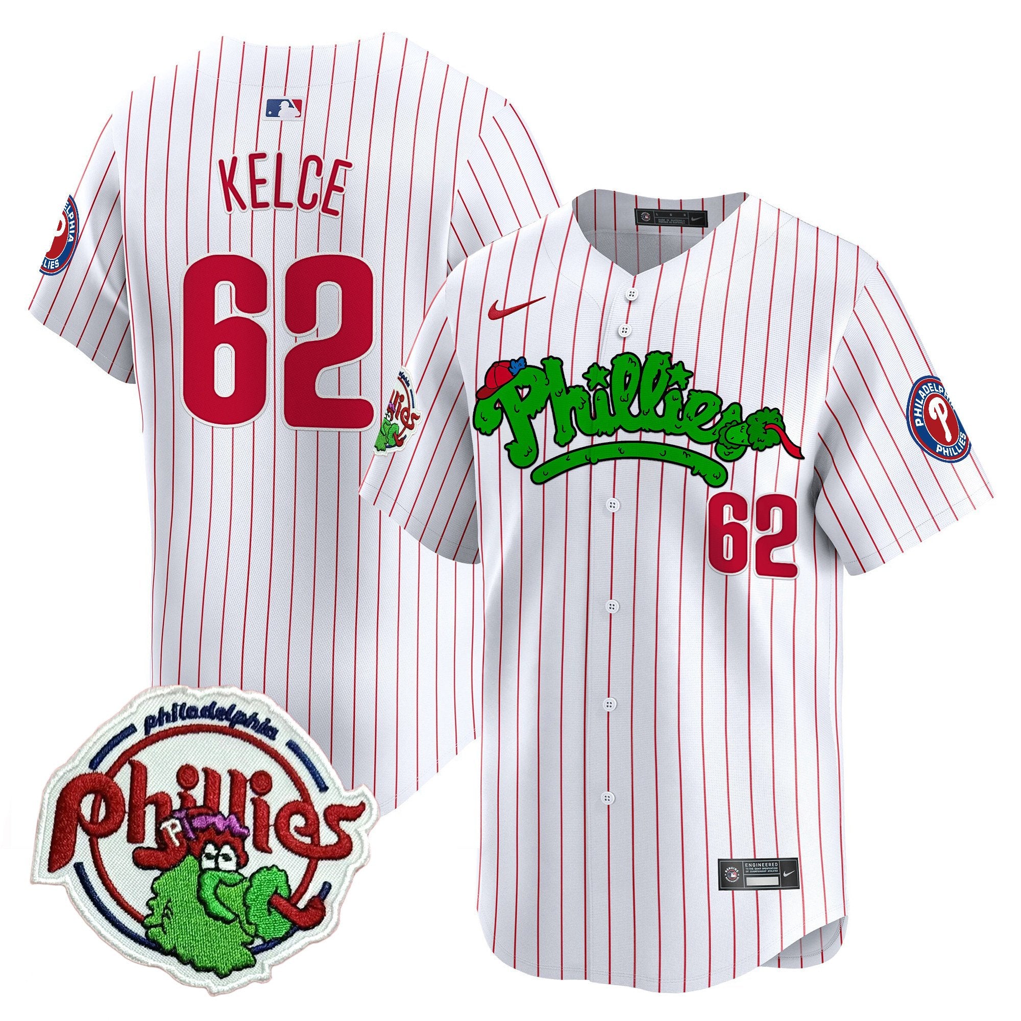 Youth's Phillies Phanatic Patch Vapor Premier Limited Jersey V2 - All Stitched - White Pinstripe, Jason Kelce