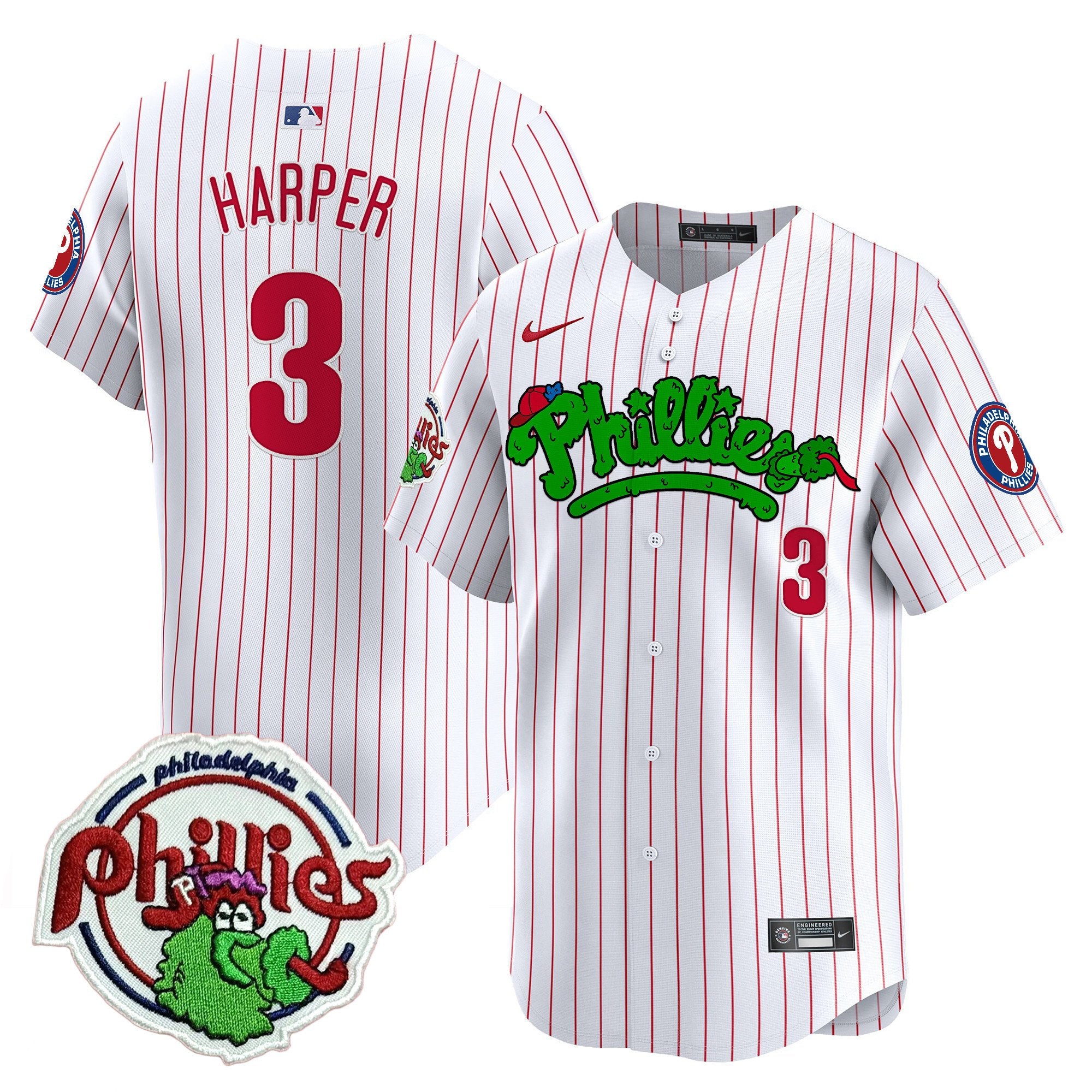 Youth's Phillies Phanatic Patch Vapor Premier Limited Jersey V2 - All Stitched - White Pinstripe, Bryce Harper